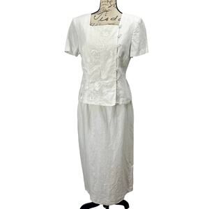 Vintage Y2K 00s White Plaza South Petite Linen Embroidered Top Skirt Set Sz 10